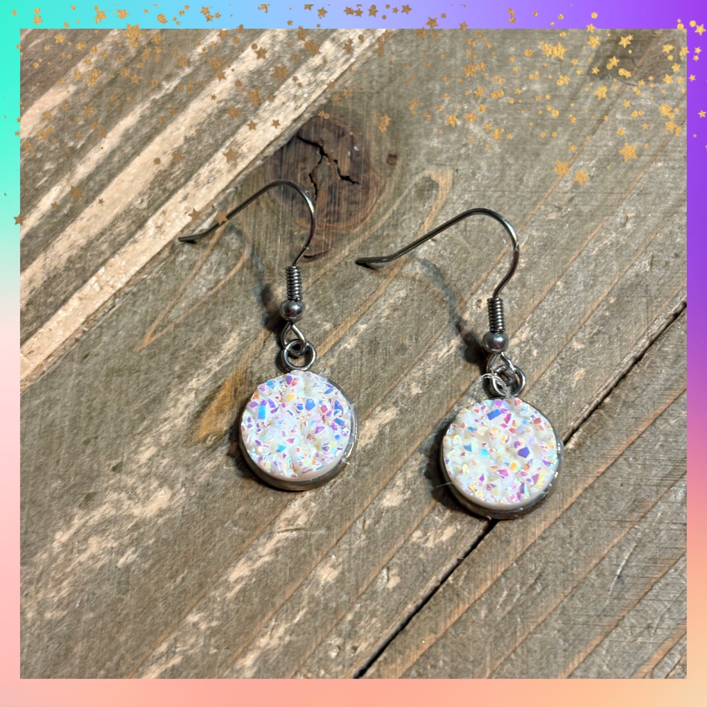 White Druzy Dangle Earrings | 12mm Sparkle wires