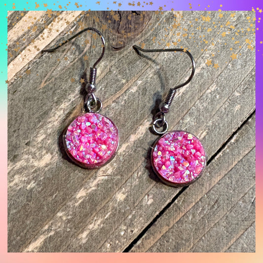 Hot Pink Druzy Dangle Earrings | 12mm Sparkle wires