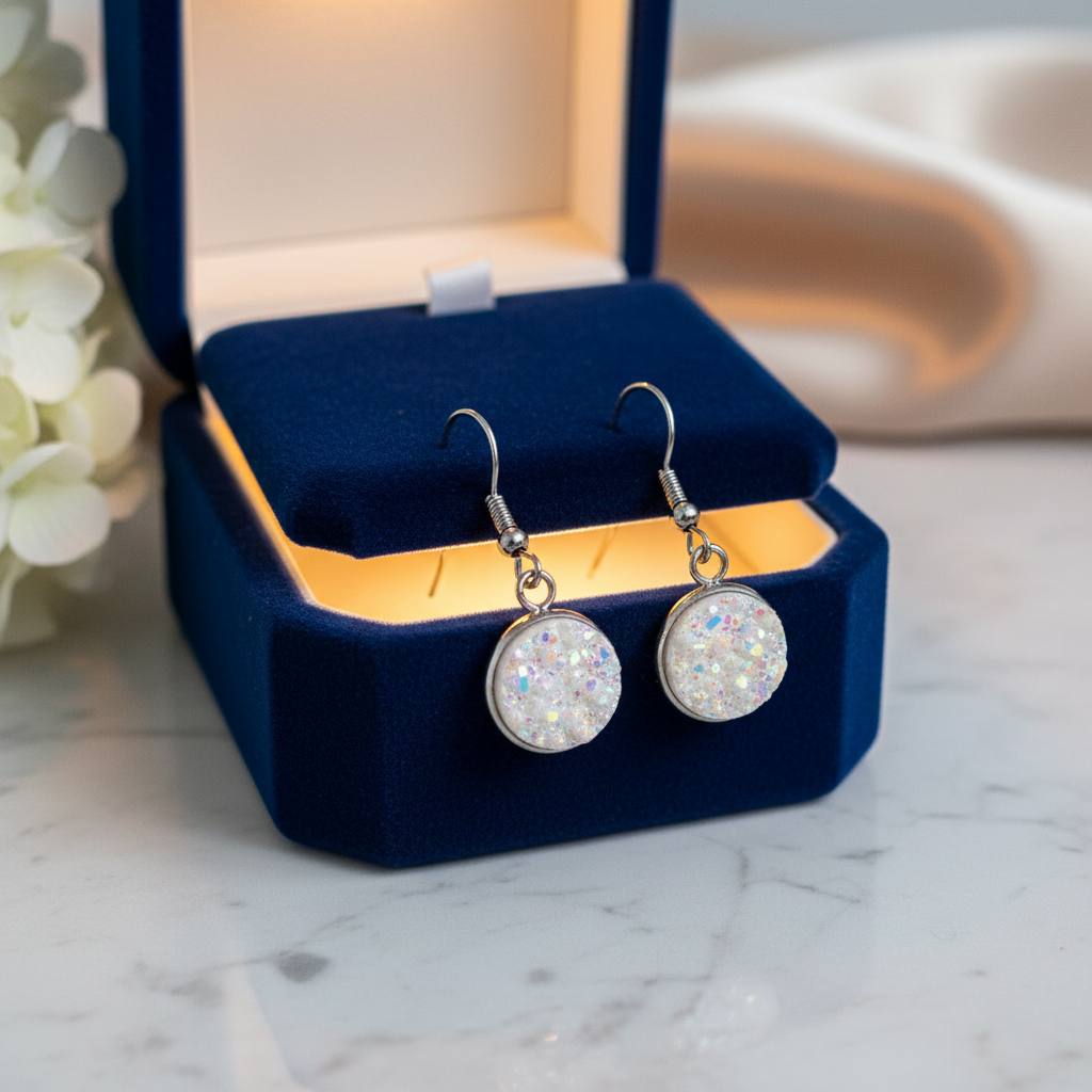 White Druzy Dangle Earrings | 12mm Sparkle wires