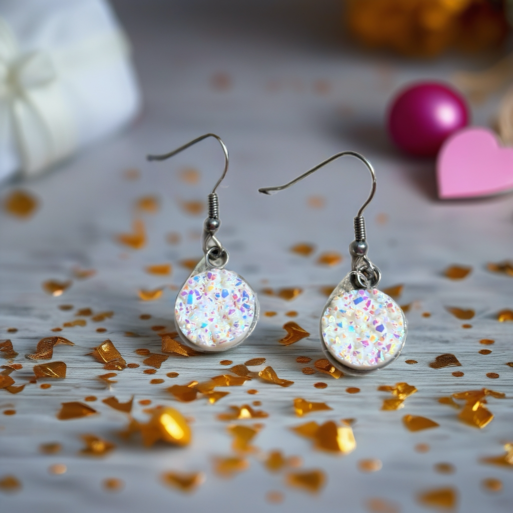 White Druzy Dangle Earrings | 12mm Sparkle wires