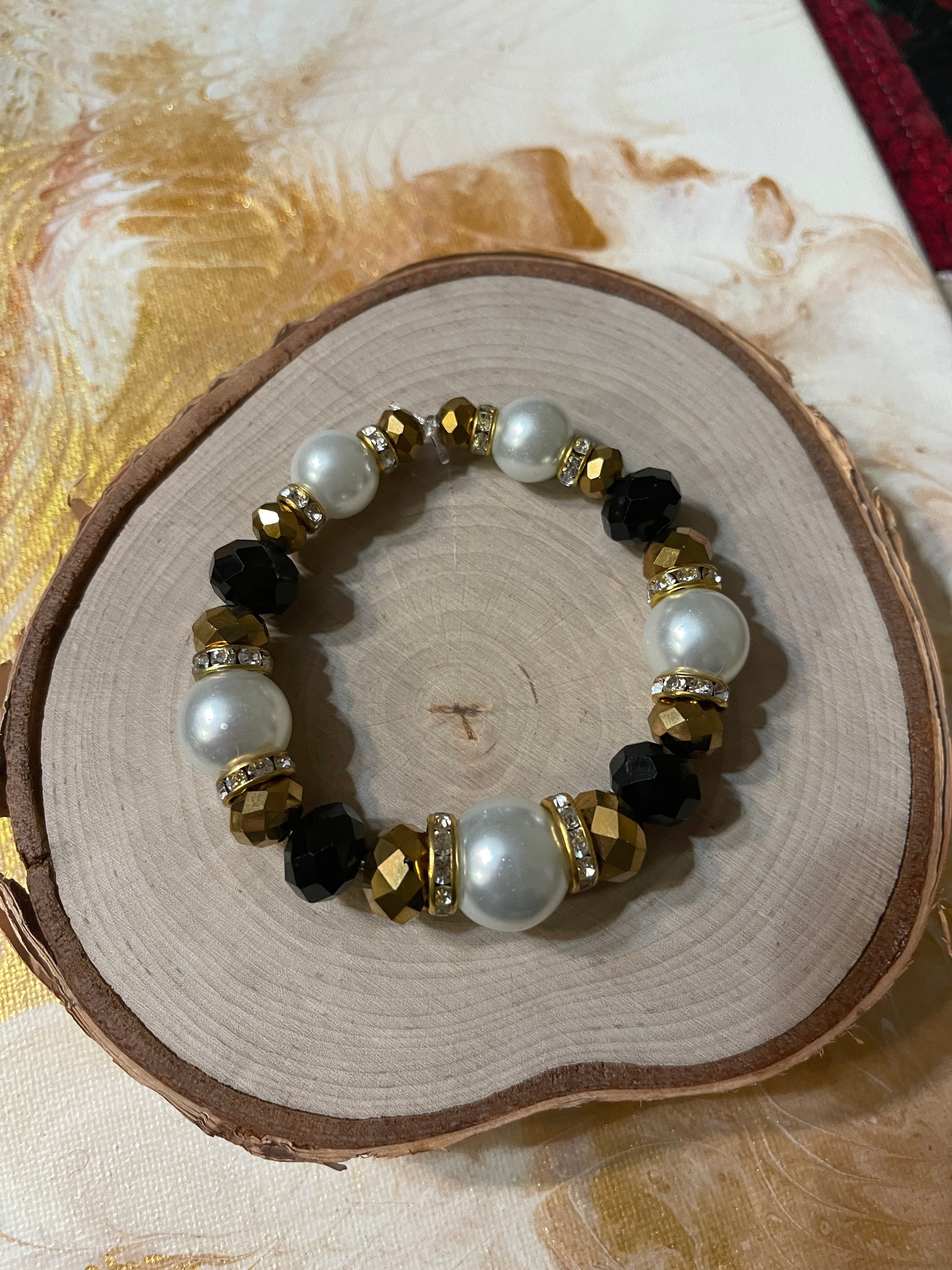 Black &amp; White Ornate mixed glass Beaded  Elastic/Stretch BraceletPink tiful of LOVE