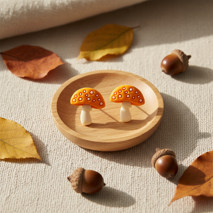 Orange Mushroom Stud Earrings – Whimsical Woodland Charm