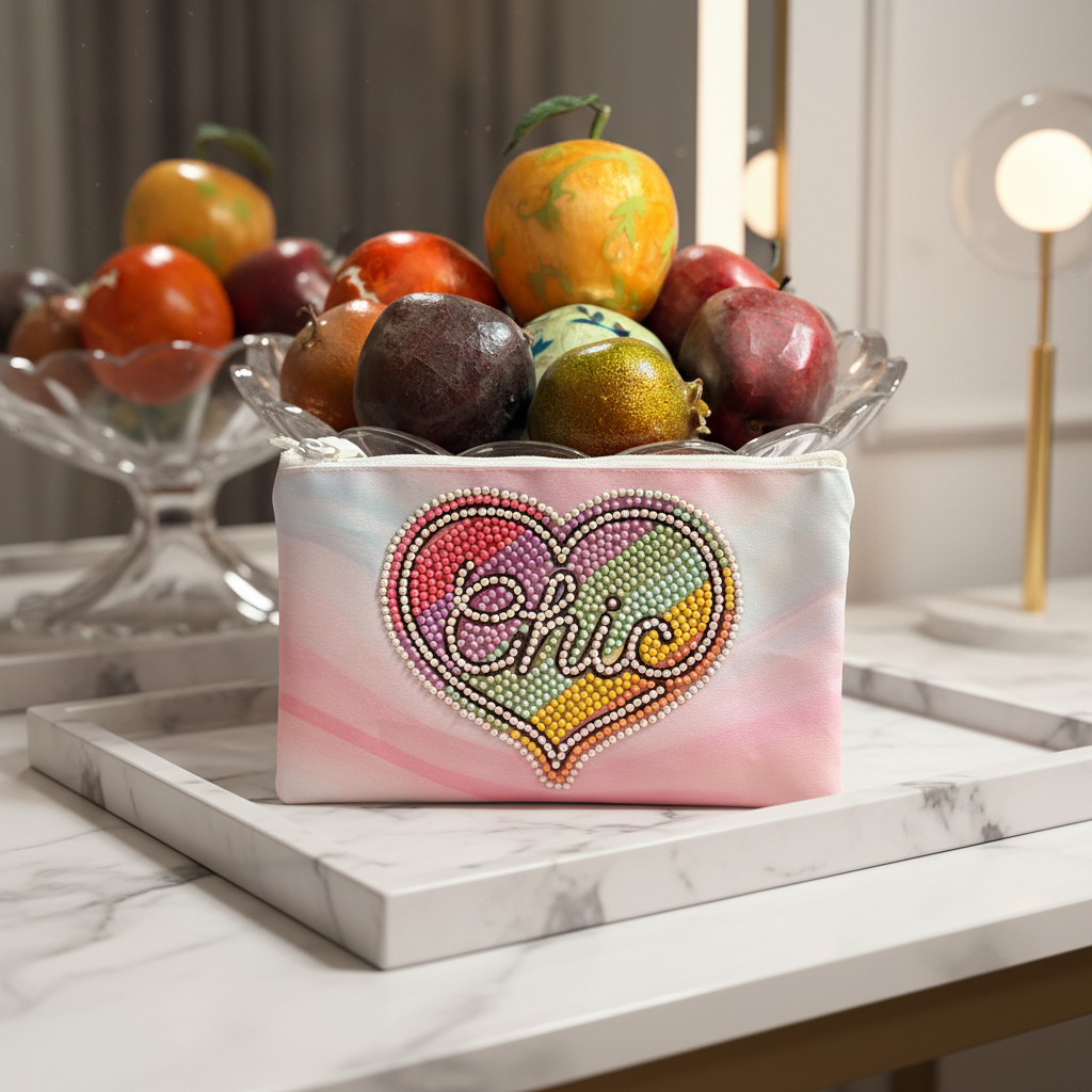 Chic Heart Diamond Art Zip Pouch – Rhinestone Makeup Bag