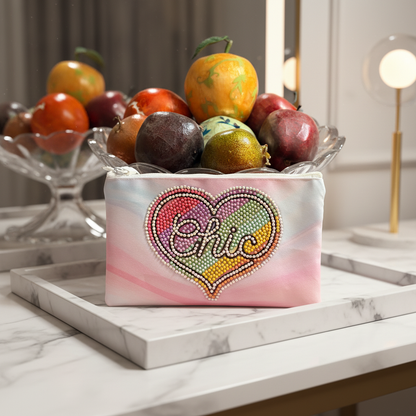 Chic Heart Diamond Art Zip Pouch – Rhinestone Makeup Bag