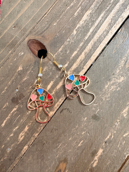 Heart Mushroom Charm Wire Earrings – Whimsical Multicolor Dangles
