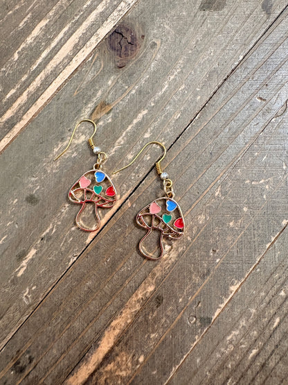 Heart Mushroom Charm Wire Earrings – Whimsical Multicolor Dangles