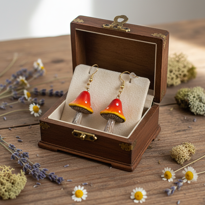 Mushroom Wire Earrings – Red &amp; Yellow Woodland Dangles.