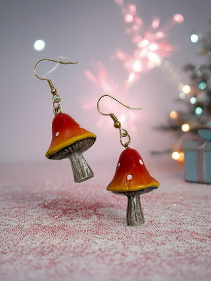 Mushroom Wire Earrings – Red &amp; Yellow Woodland Dangles.