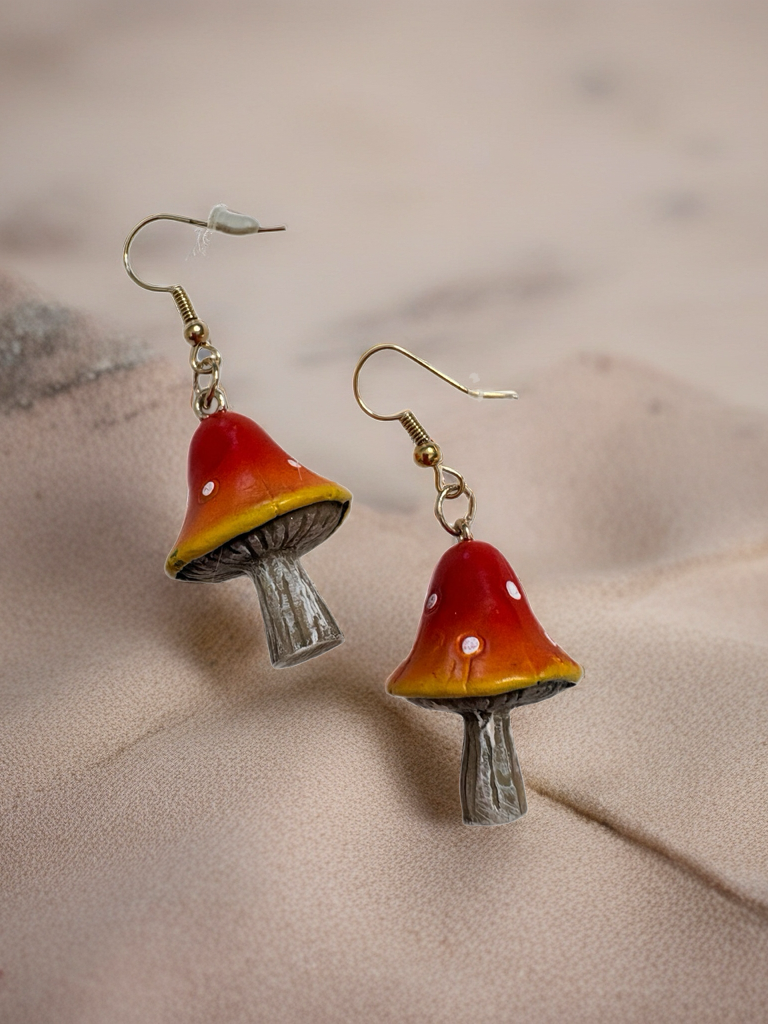 Mushroom Wire Earrings – Red &amp; Yellow Woodland Dangles.