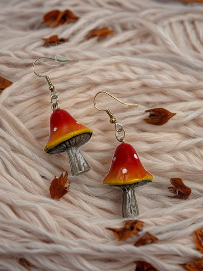 Mushroom Wire Earrings – Red &amp; Yellow Woodland Dangles.