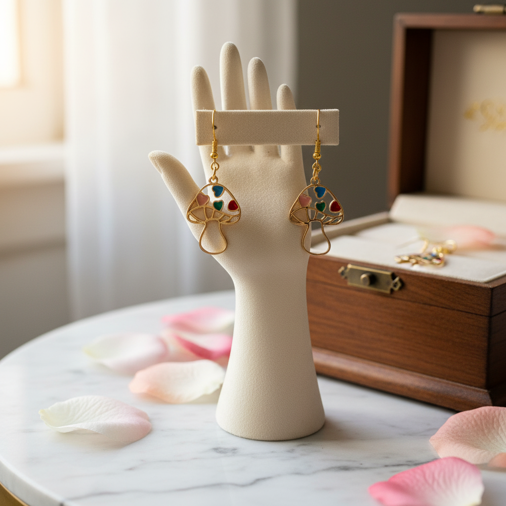 Heart Mushroom Charm Wire Earrings – Whimsical Multicolor Dangles