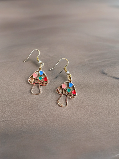 Heart Mushroom Charm Wire Earrings – Whimsical Multicolor Dangles