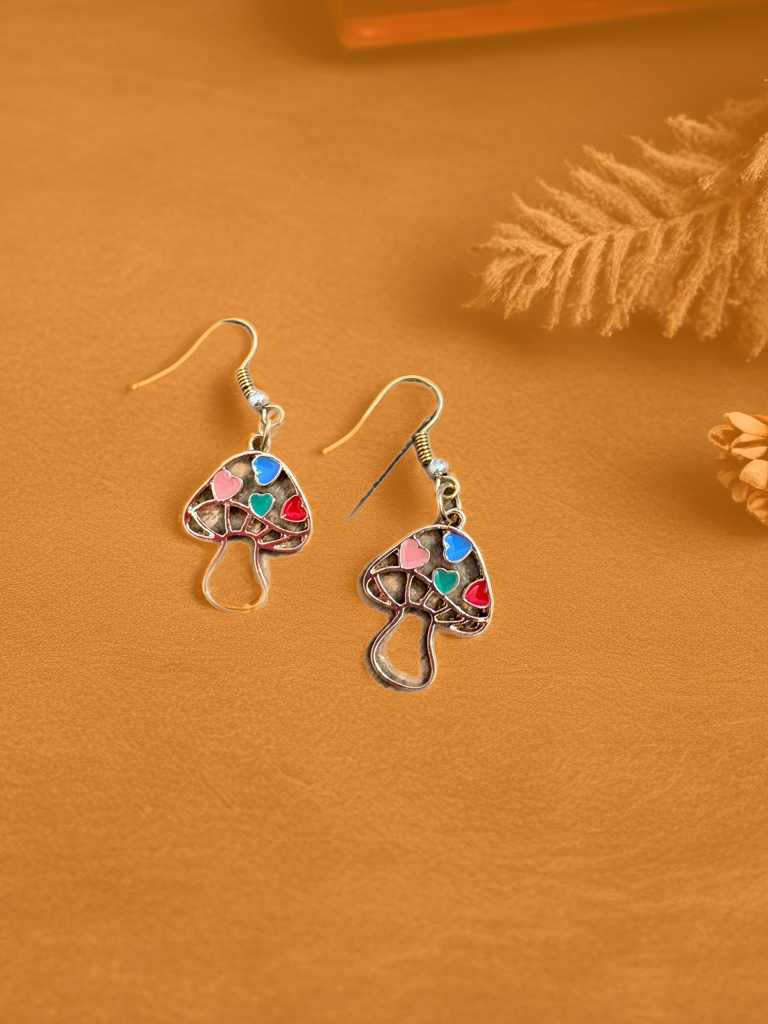 Heart Mushroom Charm Wire Earrings – Whimsical Multicolor Dangles