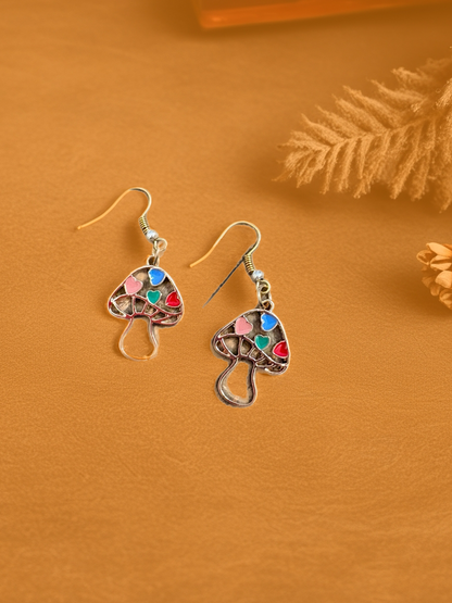 Heart Mushroom Charm Wire Earrings – Whimsical Multicolor Dangles