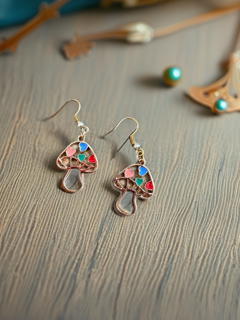 Heart Mushroom Charm Wire Earrings – Whimsical Multicolor Dangles