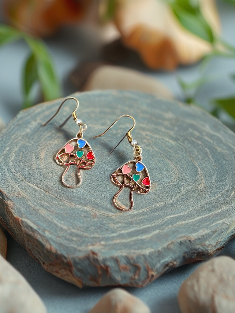 Heart Mushroom Charm Wire Earrings – Whimsical Multicolor Dangles
