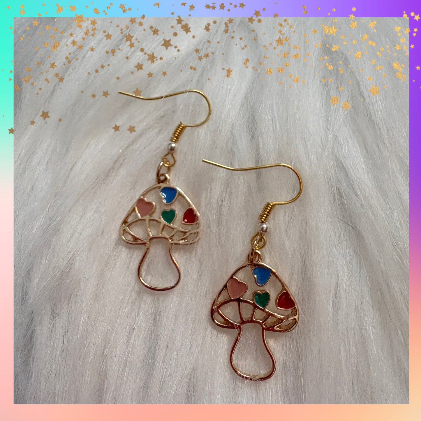 Heart Mushroom Charm Wire Earrings – Whimsical Multicolor Dangles