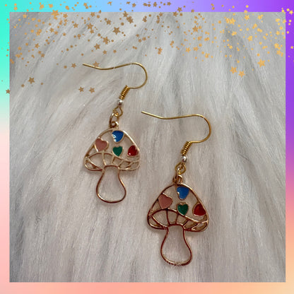 Heart Mushroom Charm Wire Earrings – Whimsical Multicolor Dangles
