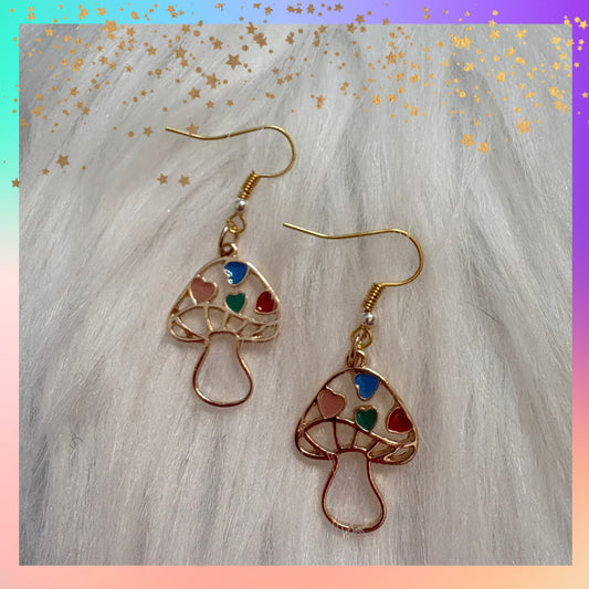Heart Mushroom Charm Wire Earrings – Whimsical Multicolor Dangles
