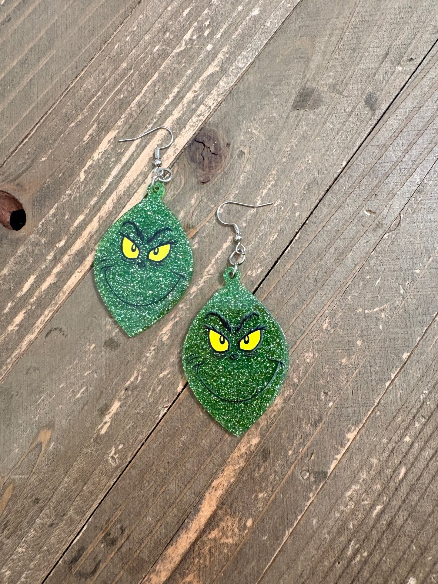 Glitter Grinch Face Dangle Earrings – Sparkly Green Holiday Statement Jewelry