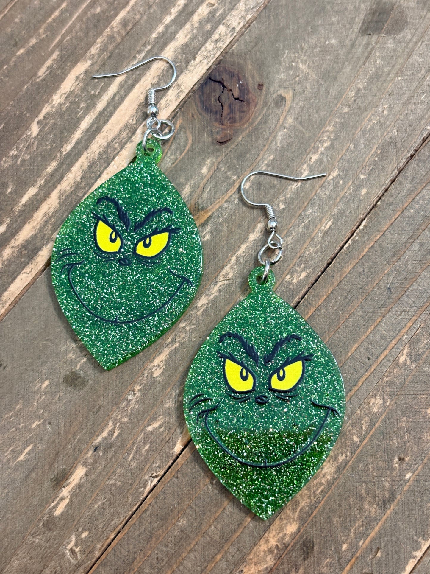 Glitter Grinch Face Dangle Earrings – Sparkly Green Holiday Statement Jewelry