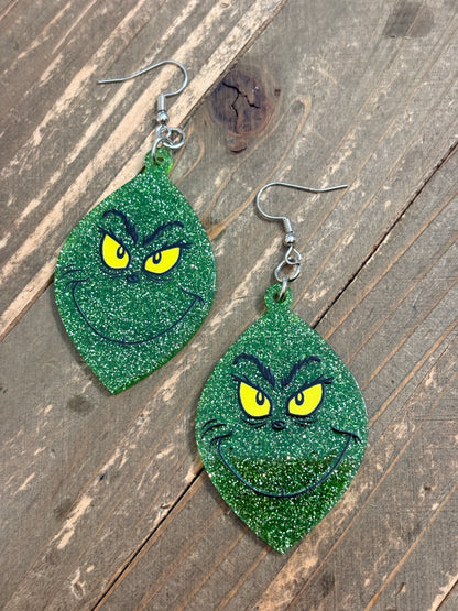 Glitter Grinch Face Dangle Earrings – Sparkly Green Holiday Statement Jewelry
