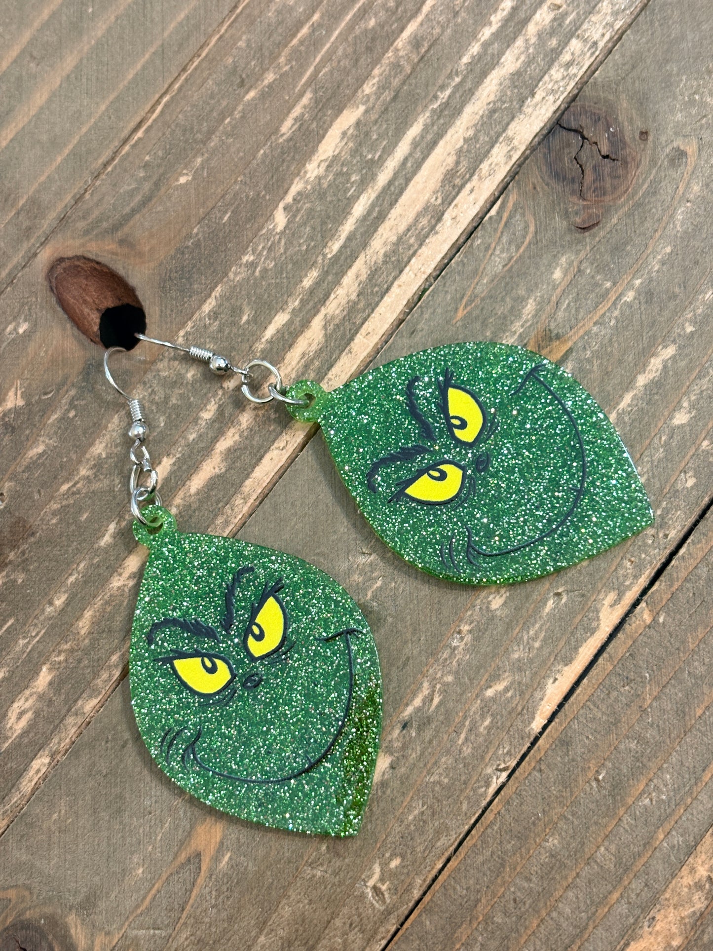 Glitter Grinch Face Dangle Earrings – Sparkly Green Holiday Statement Jewelry
