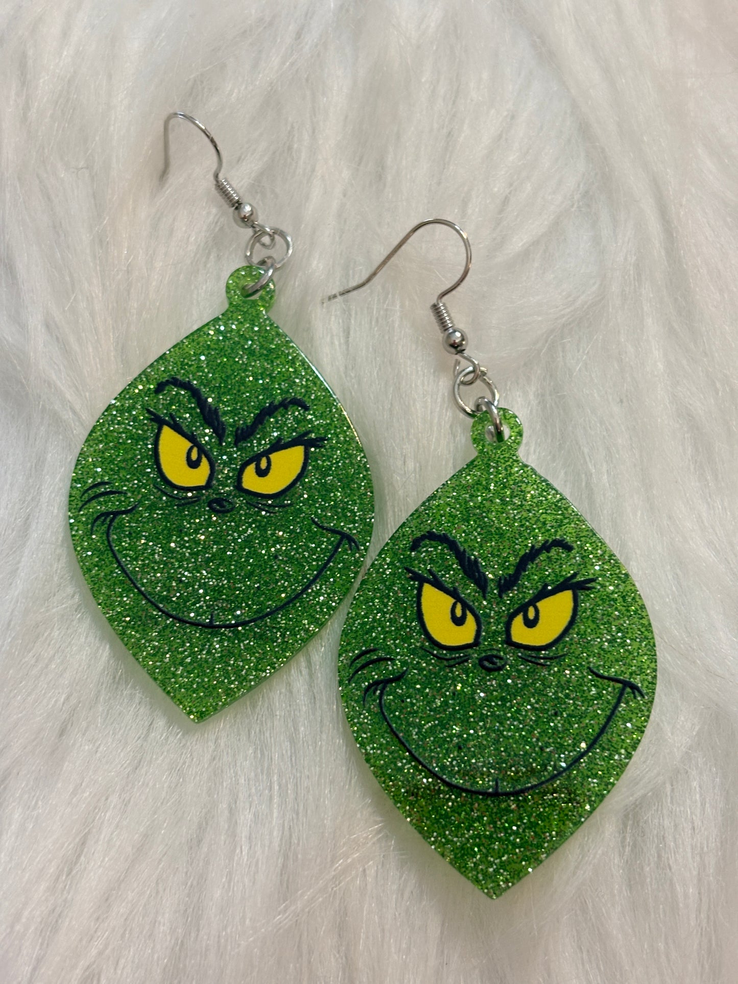 Glitter Grinch Face Dangle Earrings – Sparkly Green Holiday Statement Jewelry