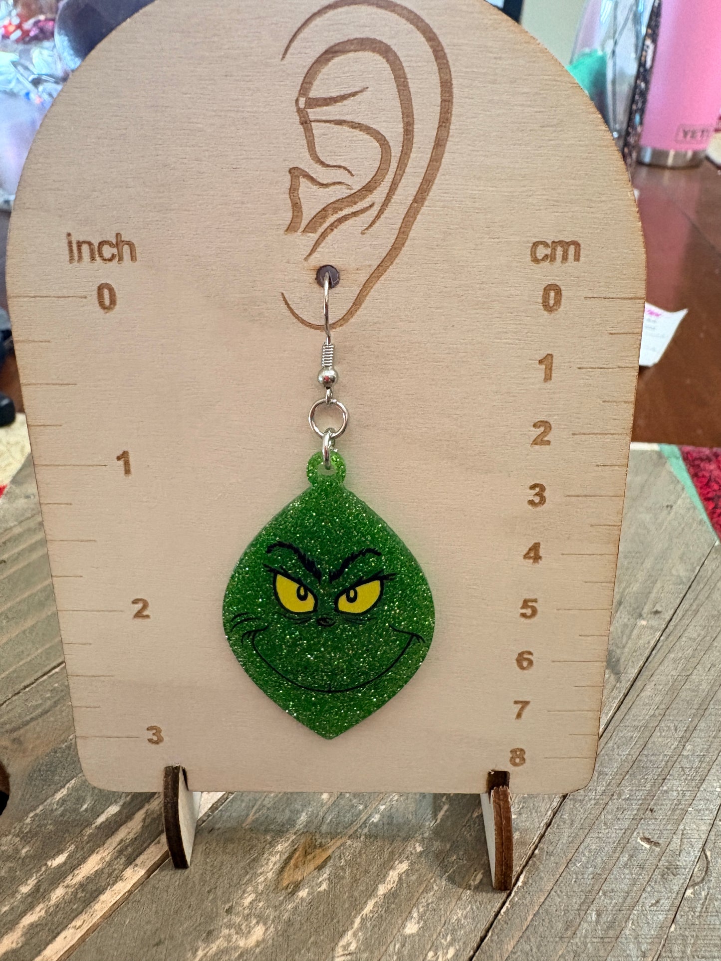 Glitter Grinch Face Dangle Earrings – Sparkly Green Holiday Statement Jewelry