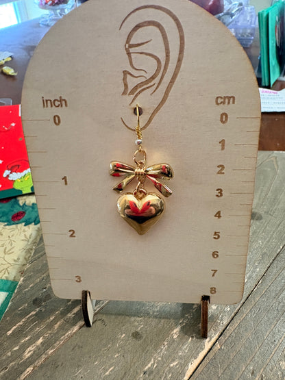 Bow & Heart Charm Wire Earrings – Elegant Gold Dangle Earrings