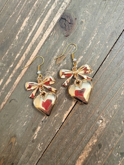 Bow & Heart Charm Wire Earrings – Elegant Gold Dangle Earrings