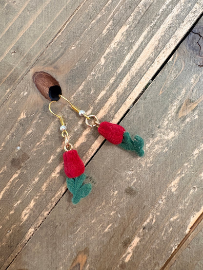 Red Rose Charm Wire Earrings – Flocked Floral Dangle Earrings in Gold