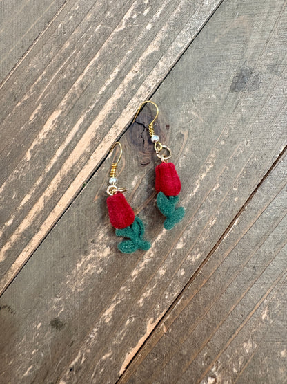 Red Rose Charm Wire Earrings – Flocked Floral Dangle Earrings in Gold