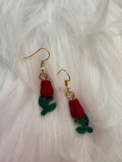 Red Rose Charm Wire Earrings – Flocked Floral Dangle Earrings in Gold