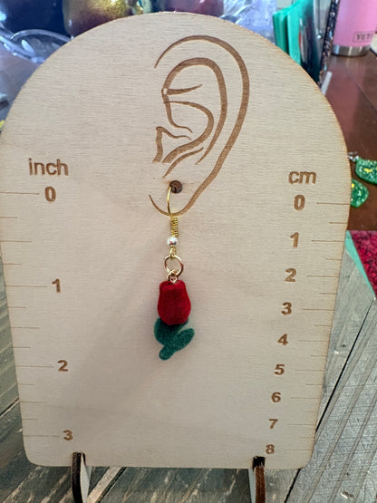 Red Rose Charm Wire Earrings – Flocked Floral Dangle Earrings in Gold