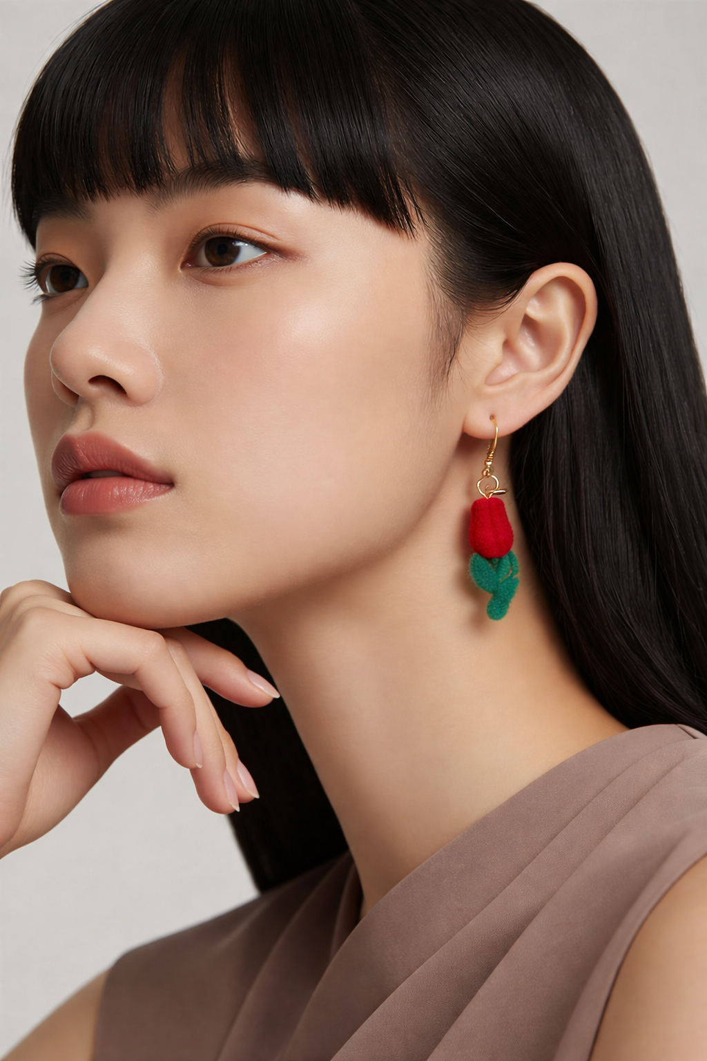 Red Rose Charm Wire Earrings – Flocked Floral Dangle Earrings in Gold