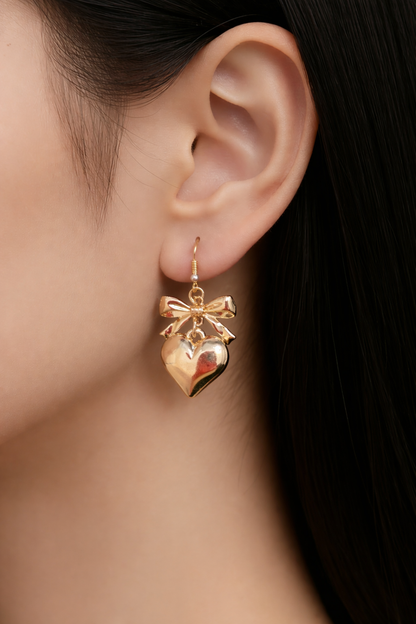 Bow & Heart Charm Wire Earrings – Elegant Gold Dangle Earrings