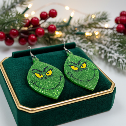 Glitter Grinch Face Dangle Earrings – Sparkly Green Holiday Statement Jewelry