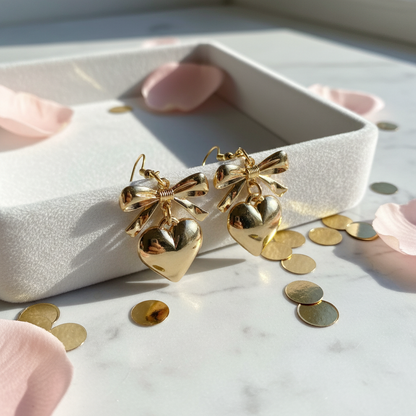 Bow & Heart Charm Wire Earrings – Elegant Gold Dangle Earrings
