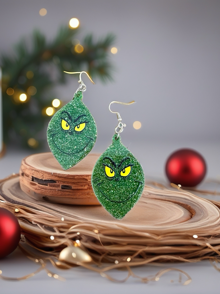 Glitter Grinch Face Dangle Earrings – Sparkly Green Holiday Statement Jewelry