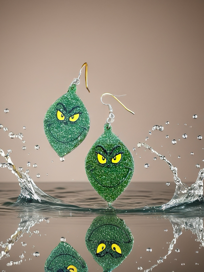 Glitter Grinch Face Dangle Earrings – Sparkly Green Holiday Statement Jewelry