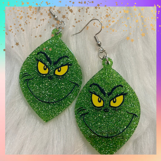 Glitter Grinch Face Dangle Earrings – Sparkly Green Holiday Statement Jewelry