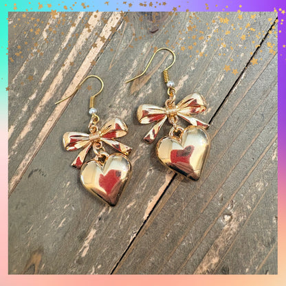 Bow & Heart Charm Wire Earrings – Elegant Gold Dangle Earrings