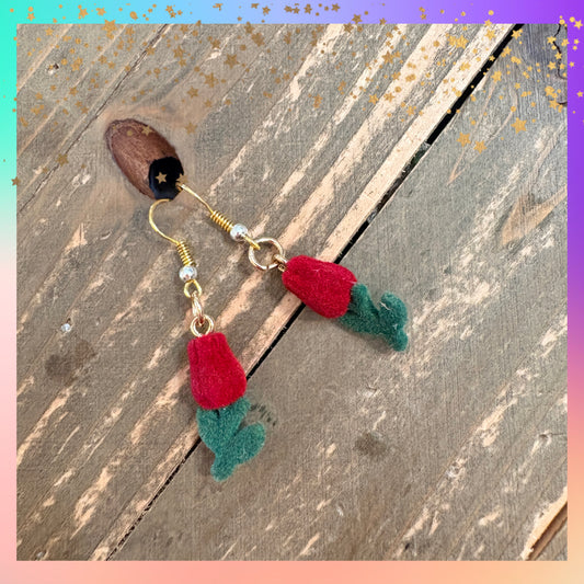 Red Rose Charm Wire Earrings – Flocked Floral Dangle Earrings in Gold