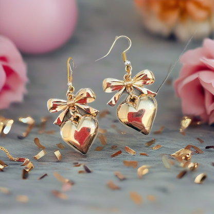 Bow & Heart Charm Wire Earrings – Elegant Gold Dangle Earrings