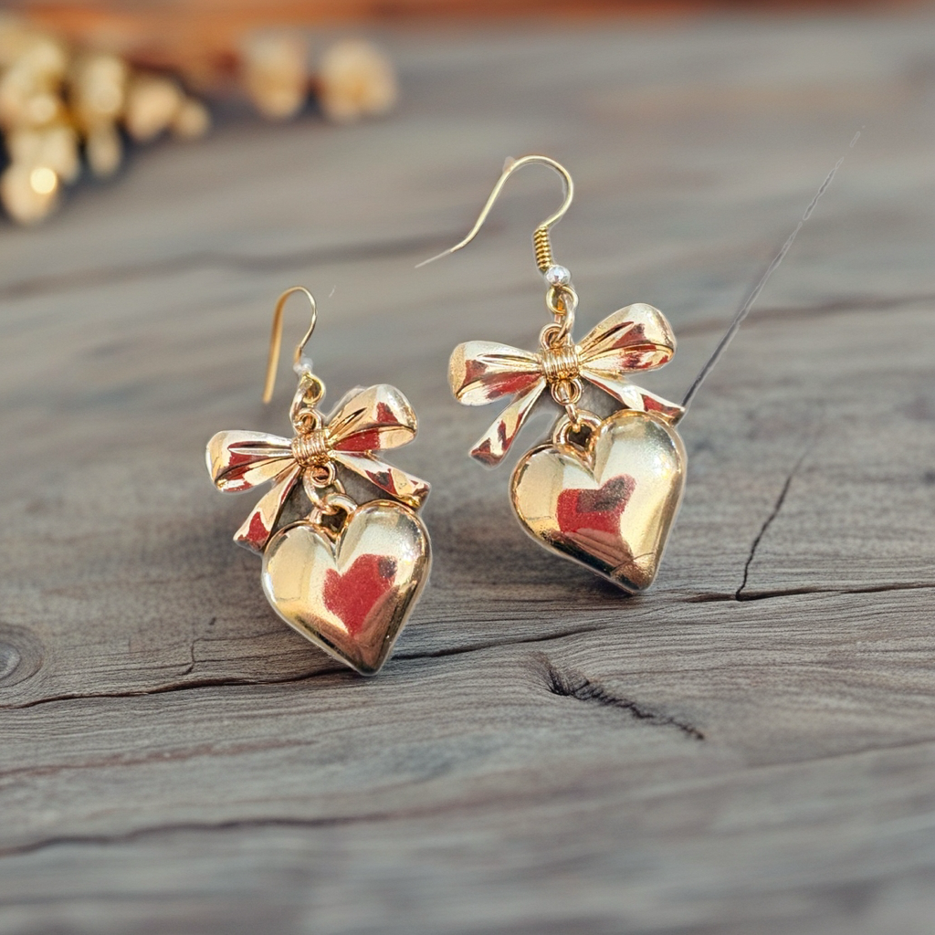 Bow & Heart Charm Wire Earrings – Elegant Gold Dangle Earrings