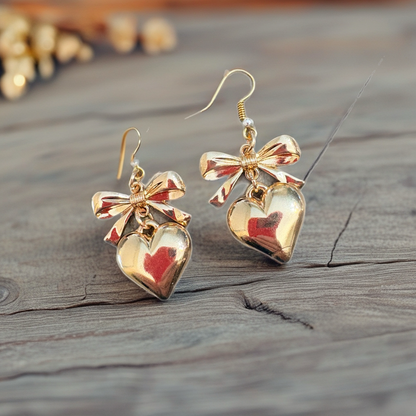 Bow & Heart Charm Wire Earrings – Elegant Gold Dangle Earrings
