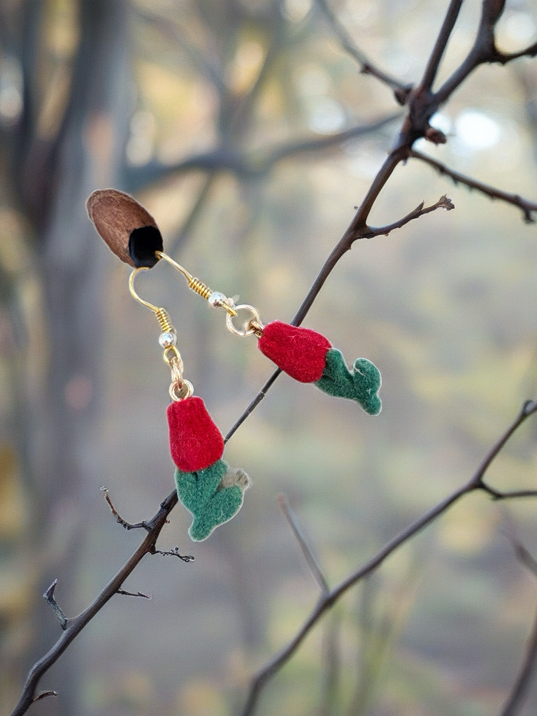 Red Rose Charm Wire Earrings – Flocked Floral Dangle Earrings in Gold