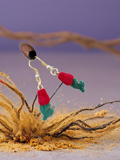 Red Rose Charm Wire Earrings – Flocked Floral Dangle Earrings in Gold