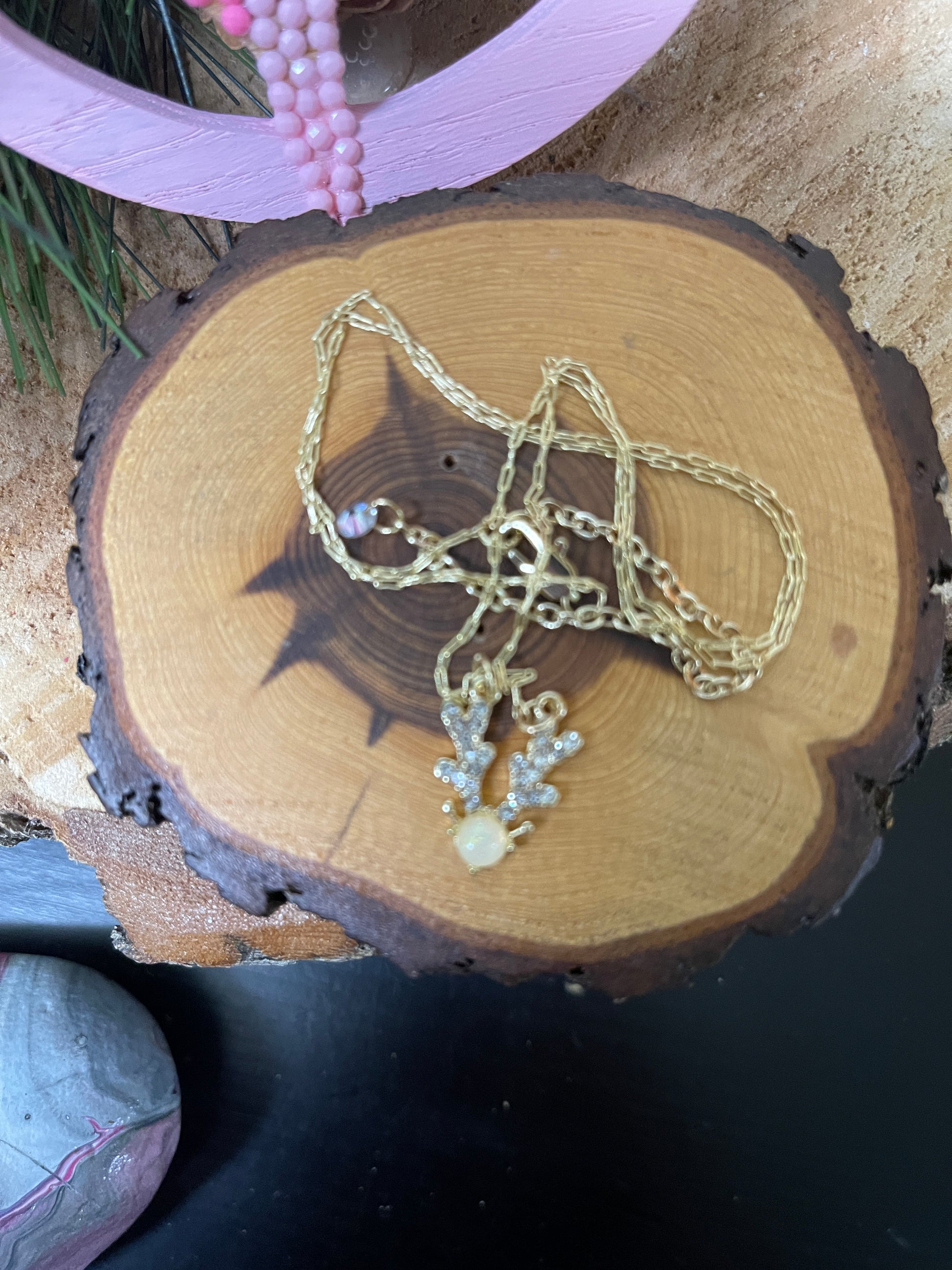 Reindeer Opal Pendant on a Gold Chain NecklacePink tiful of LOVE